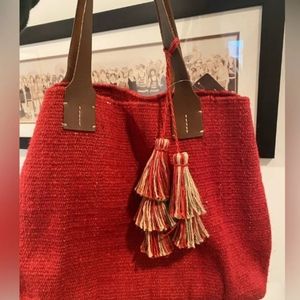 J-Jill Women's Red Wool Tote Bag with Leather Straps and Tassells